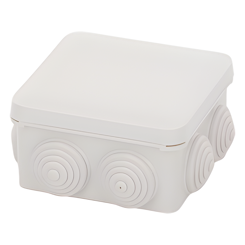 Caja Estanca, Derivación, Conexión de Plástico (89 X 89 X 50 mm) con 7 Glándulas de Goma. Para Instalaciones Comerciales,  Residenciales e Industriales. Cerrado a Presión.