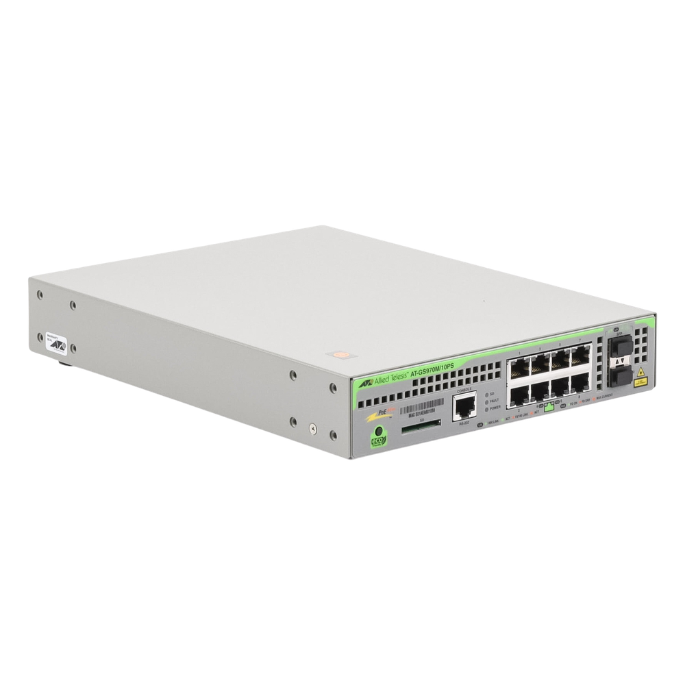 Switch PoE+ Administrable CentreCOM GS970M, Capa 3 de 8 Puertos 10/100/1000 Mbps + 2 SFP Gigabit, 124 W