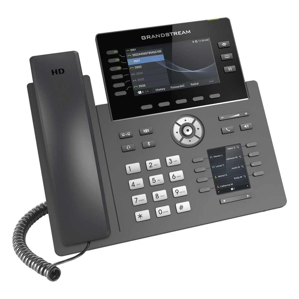 Teléfono IP Wi-Fi, Grado Operador, 6 líneas SIP con 6 cuentas, pantalla a color 4.3", puertos Gigabit, Bluetooth, PoE, codec Opus, IPV4/IPV6 con gestión en la nube GDMS