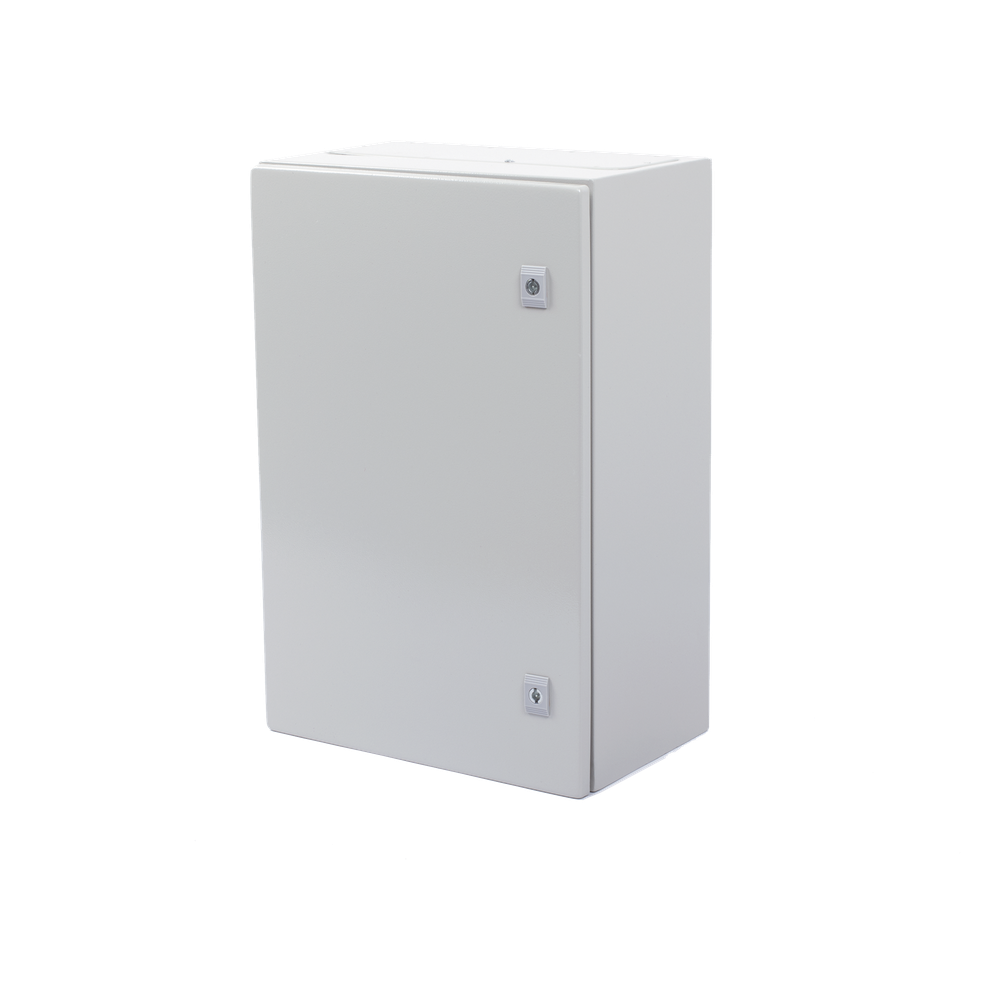 Gabinete de Acero IP66 Uso en Intemperie (400 x 600 x 250 mm) con Placa Trasera Interior Metálica y Compuerta Inferior Atornillable (Incluye Chapa y Llave T).