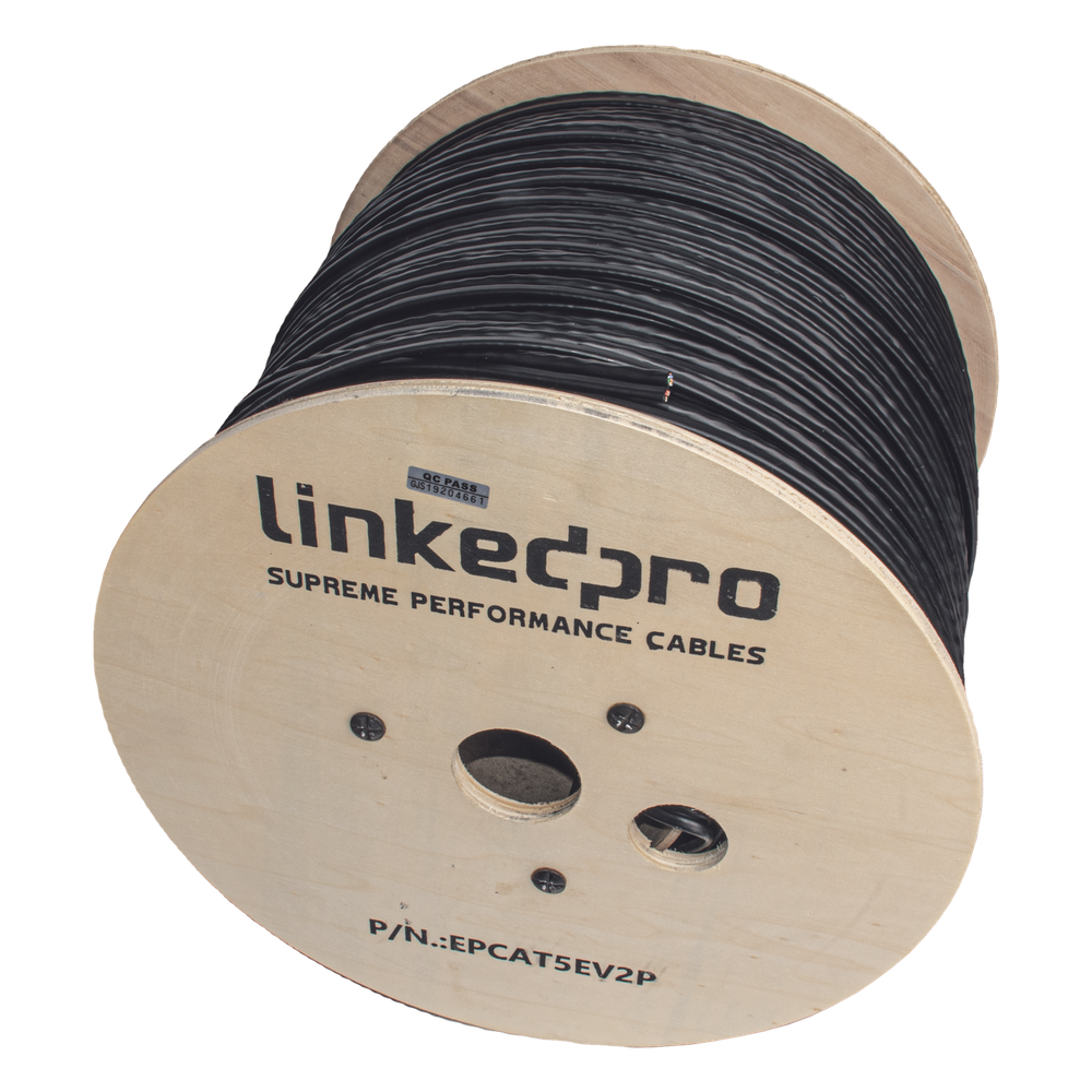 Bobina de Cable Siamés Cat5e CCA + 2 Cables Gruesos (16 AWG) para Alimentar Cámaras Más Lejos / 305 Metros (1000 Pies) / Instalación en Exterior / Uso Industrial para Climas Extremos