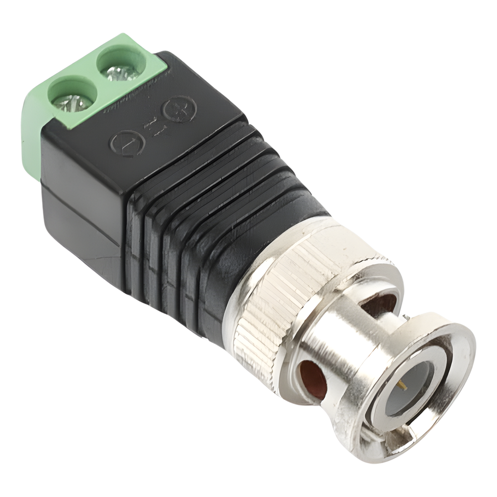 Adaptador de conector BNC macho a 2 terminales-tornillo para cables AWG-26-14, en aplicaciones Video Vigilancia, Níquel/ Oro/  PTFE y PVC.