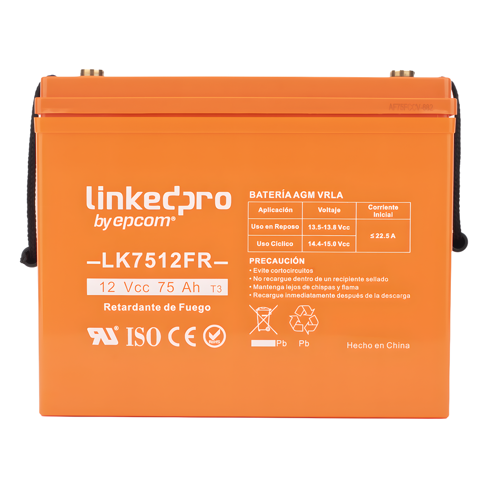 Batería de respaldo 12 V | 75 Ah | AGM | Certificada UL94-V0 Retardante a la Flama | Especial para Seguridad Electrónica | UPS  | Sistemas de Emergencia | Vida útil 5 años | Terminales T3