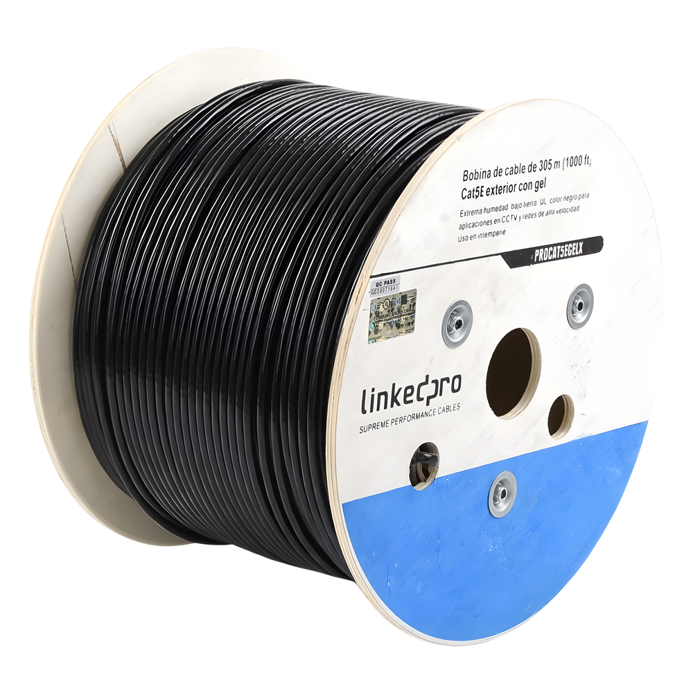 Bobina de Cable de 305 Metros (1000 Pies), Cat5E, con Gel, para Intemperie, Doble Forro Extrema Humedad, Bajo Tierra, UL, Color Negro para Aplicaciones en Video Vigilancia, y Redes de Alta Velocidad.