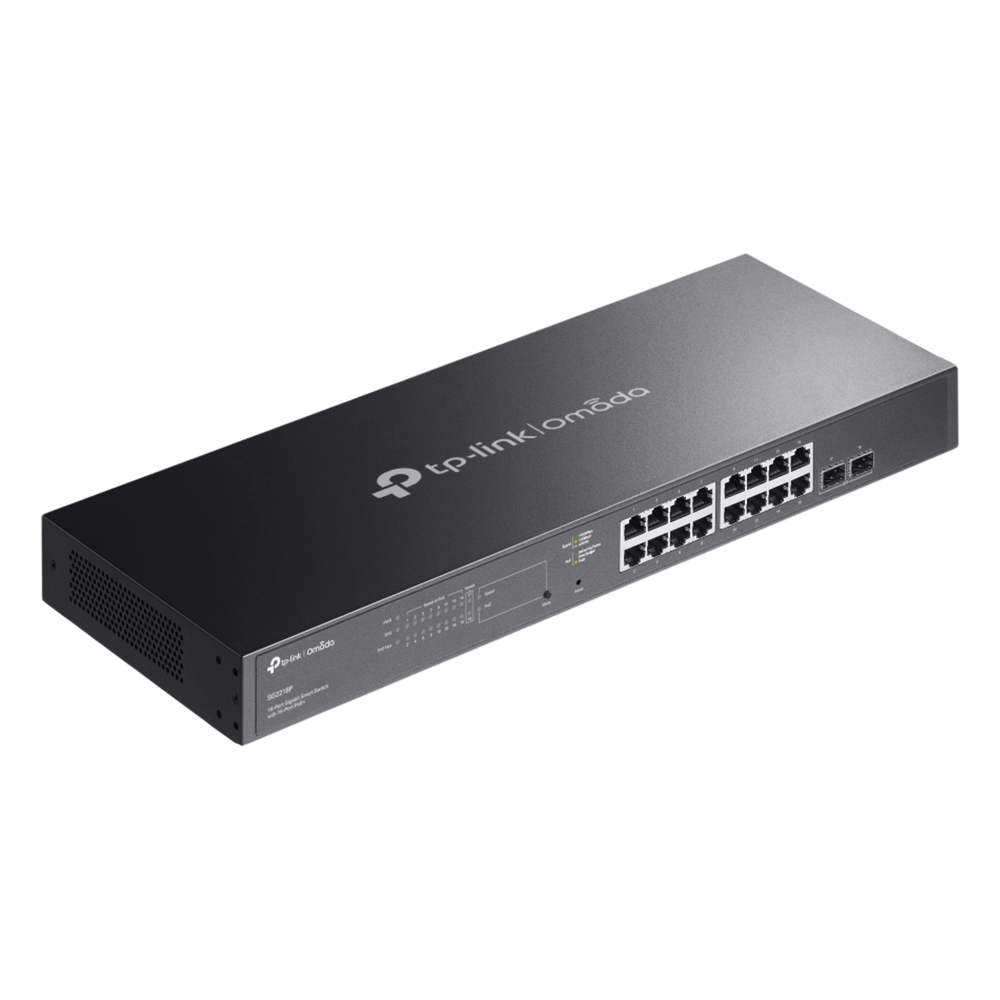 Switch Smart Omada 18 Puertos Gigabit / 16 Puertos PoE+ 802.3af/at / 2 Ranuras SFP Gigabit / Presupuesto PoE 150 W / Switching 36 Gbps / Enrutamiento Estático L2+ / Gestión Cloud SDN / Fanless / Montable en Rack