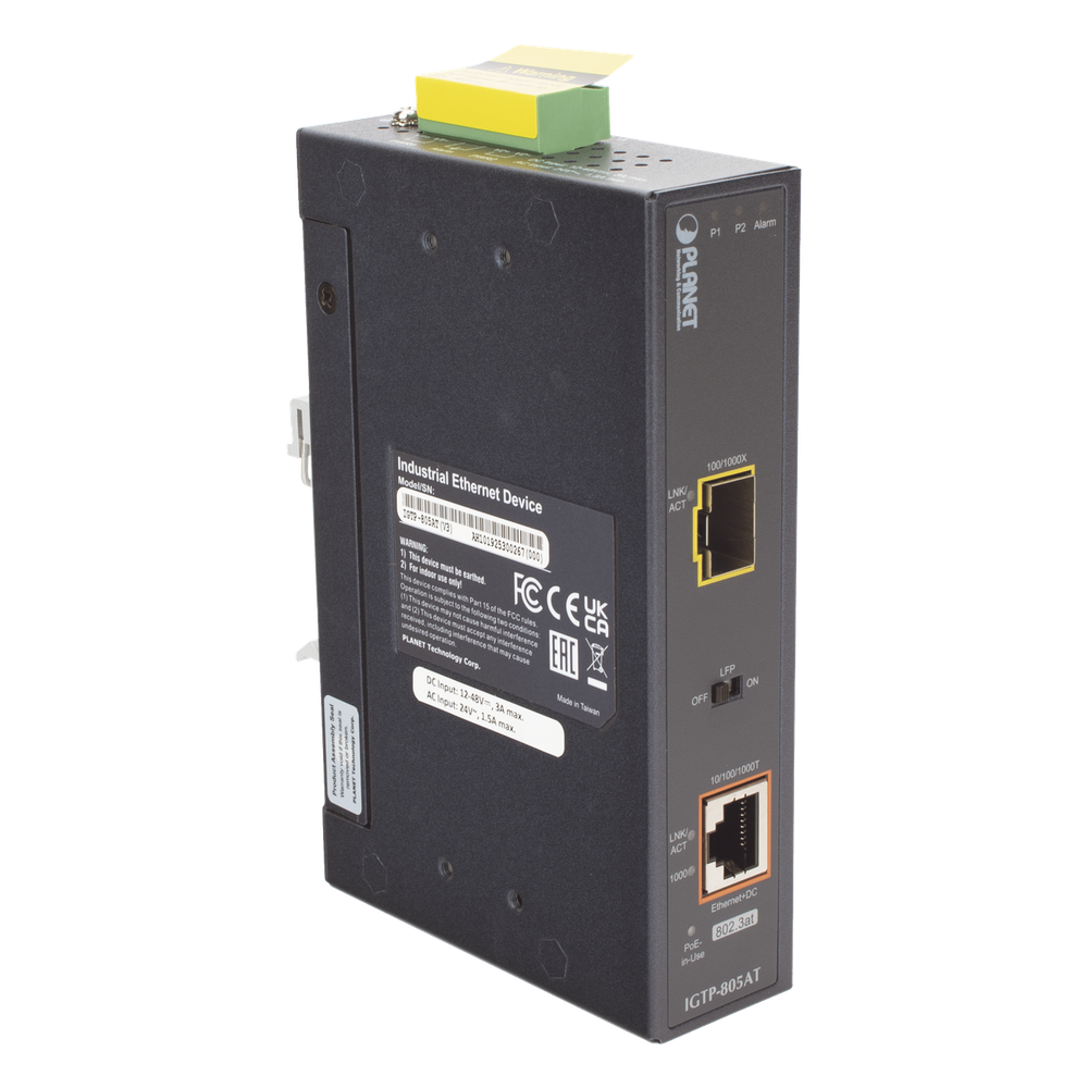 Convertidor de Medios PoE Industrial, Puerto SFP 1000BASE-SX/LX a Puerto RJ45 Gigabit con Salida PoE 802.3at (Hasta 30 W).