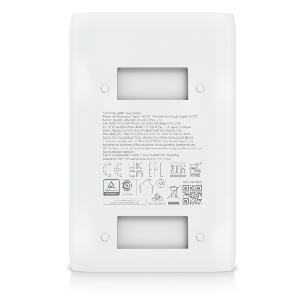 Adaptador PoE+ 2.5G / hasta 30 W / 48V 0.65A / (2) Puertos RJ45 MultiGigabit 2.5G / Salida PoE+ / LED Indicador / Ideal para APs UniFi WiFi 7 / / Protección contra Sobretensiones
