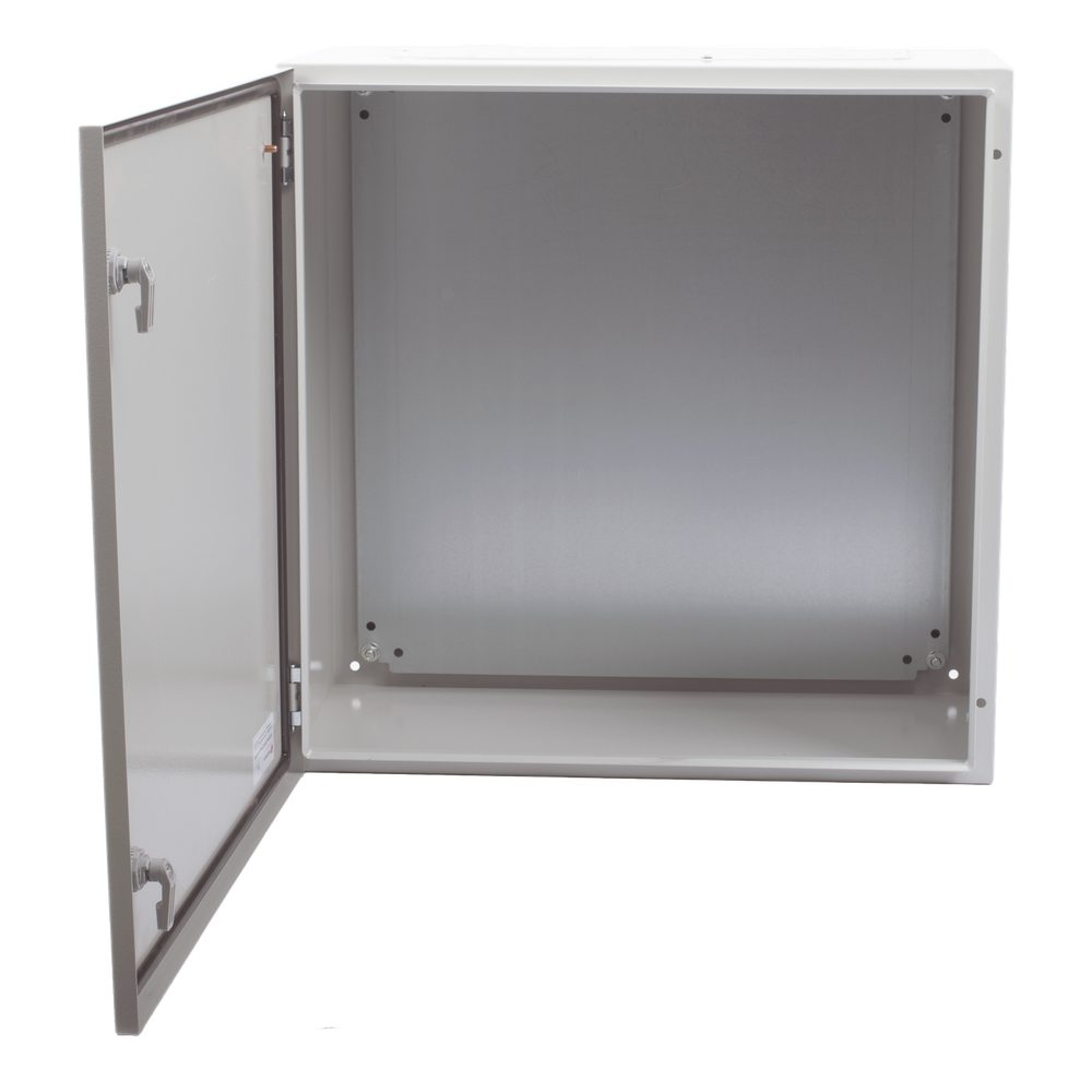 Gabinete de Acero IP66 Uso en Intemperie (600 x 600 x 300 mm) con Placa Trasera Interior Metálica y Compuerta Inferior Atornillable (Incluye Chapa y Llave T).