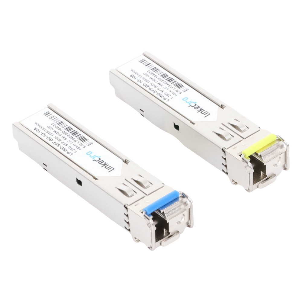 Transceptores Ópticos Industriales Bidireccionales SFP (Mini-Gbic) / Monomodo 1310 & 1550 nm / 1.25 Gbps / 1000BASE-BX / Conector LC/UPC Simplex / DDM / Hasta 10 km / 2 Piezas