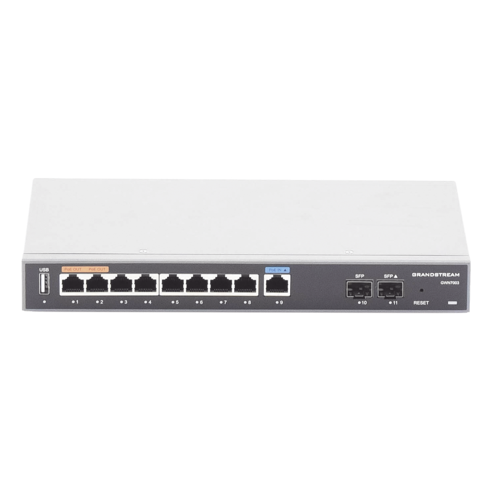 Router Gigabit VPN / Balanceador de cargas / 60,000 sesiones NAT /  9 puertos 10/100/1000 Mbps + 2 puertos SFP (WAN/LAN) / 1 puerto entrada PoE(af/at) / 2 puertos salida PoE (af/at) / Compatible con GWN Cloud.