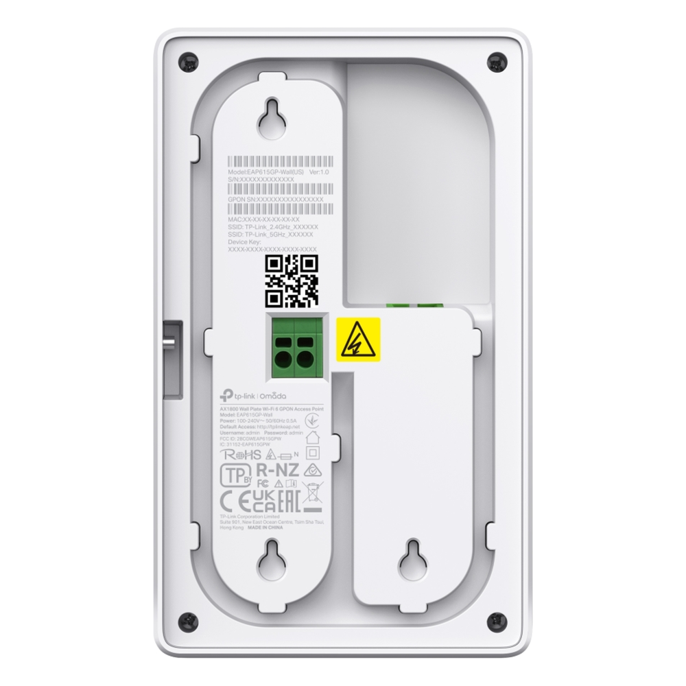 Punto de Acceso GPON Omada / WiFi 6 AX1800 / 1 puerto GPON / 1 Puerto FXS / 2 Puertos 10/100/1000 RJ45 / Mesh Omada / Configuración por Controlador o Stand-Alone / Para Montaje en Pared