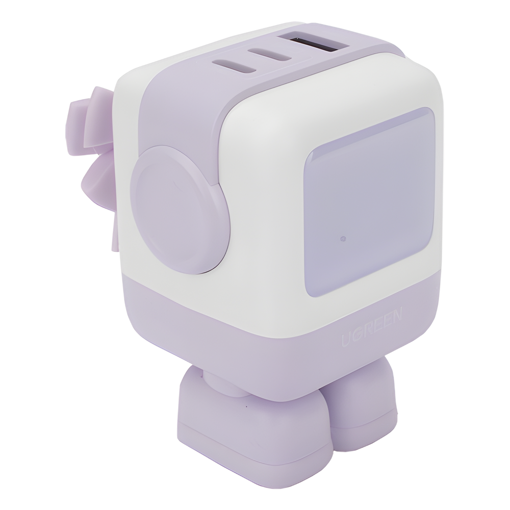 Cargador RobotGaN de 65W Serie UNO | 3 Puertos de Carga Rápida | 2 USB-C | 1 USB-A | PD 3.0 | QC 4.0 | Carga Inteligente | Tecnología GaN II | Zapato Magnético Extraíble | Carcasa Ignífuga | Pantalla LED