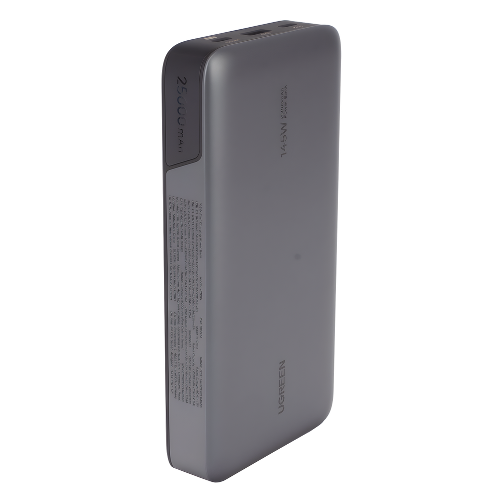 Power Bank de 25000mAh | 3 Salidas 145W Max. | USB-A + 2 USB-C | PD 3.0, QC3.0 | FCP | SCP | Pantalla Inteligente | Carcasa Ignifuga | Color Gris | Incluye Cable USB de 50cm | Carga tu Laptop de Manera Segura.