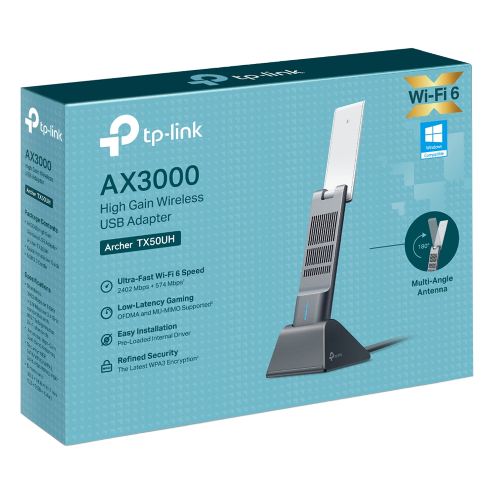 Adaptador USB Wireless Wi-Fi 6 / AX3000 (2402 Mbps + 574 Mbps) / Antenas de Alta Ganancia / USB 3.0 / Baja Latencia Gaming / WPA3 / Cuna Desmontable con Cable 1.2 m (3.9 ft)