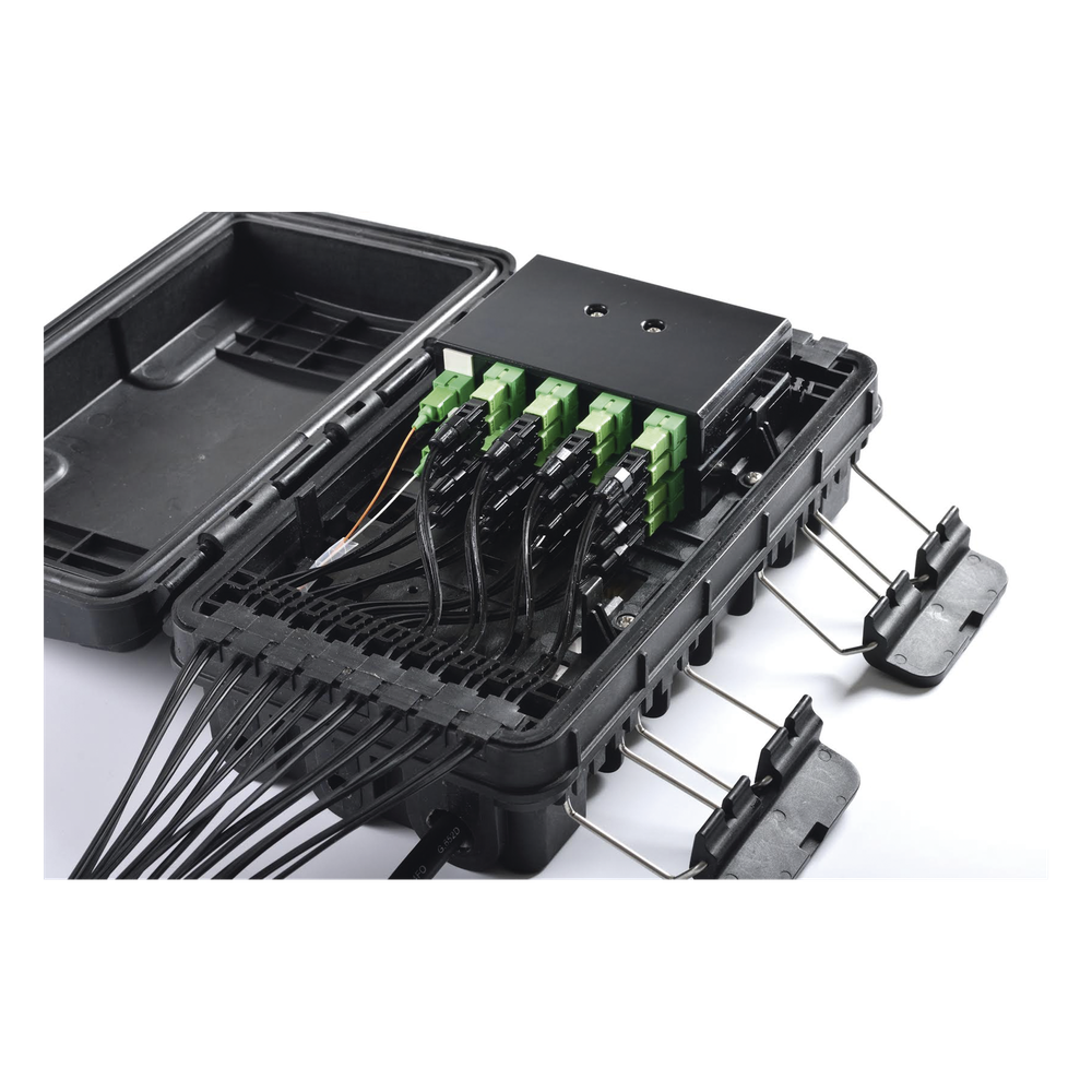 Caja de Distribución de Fibra Óptica para 24 Empalmes, con 16 acopladores SC/APC simplex, Exterior IP65, Color Negro