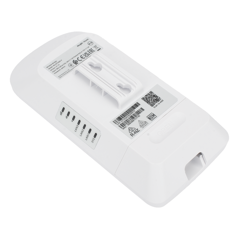 CPE Puente Inalámbrico Punto a Punto / Wi-Fi 5 802.11ac Wave2 867 Mbps / Antena 13 dBi MIMO 2x2 / 2 Puertos PoE Out 802.3AF / Enlace 3 km (1.86 mi) / IP55 Exterior / Ruijie Reyee