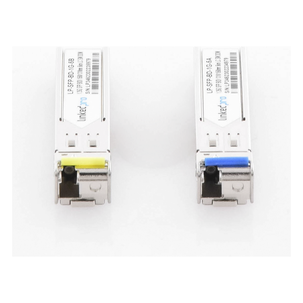 Transceptores Ópticos Bidireccionales SFP (Mini-Gbic) / Monomodo 1310 & 1550 nm / 1.25 Gbps / 1000BASE-BX / Conector LC/UPC Simplex / DDM / Hasta 5 km / 2 Piezas