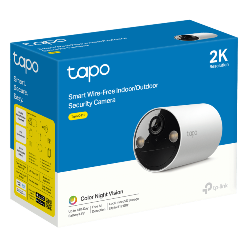 Tapo Cámara de Seguridad Inteligente / Resolución 2K 3MP (2304×1296 px) / Batería Recargable 6400 mAh / Visión Nocturna a Color / IP65 Exterior / Detección IA Persona / Almacenamiento Local microSD 512 GB