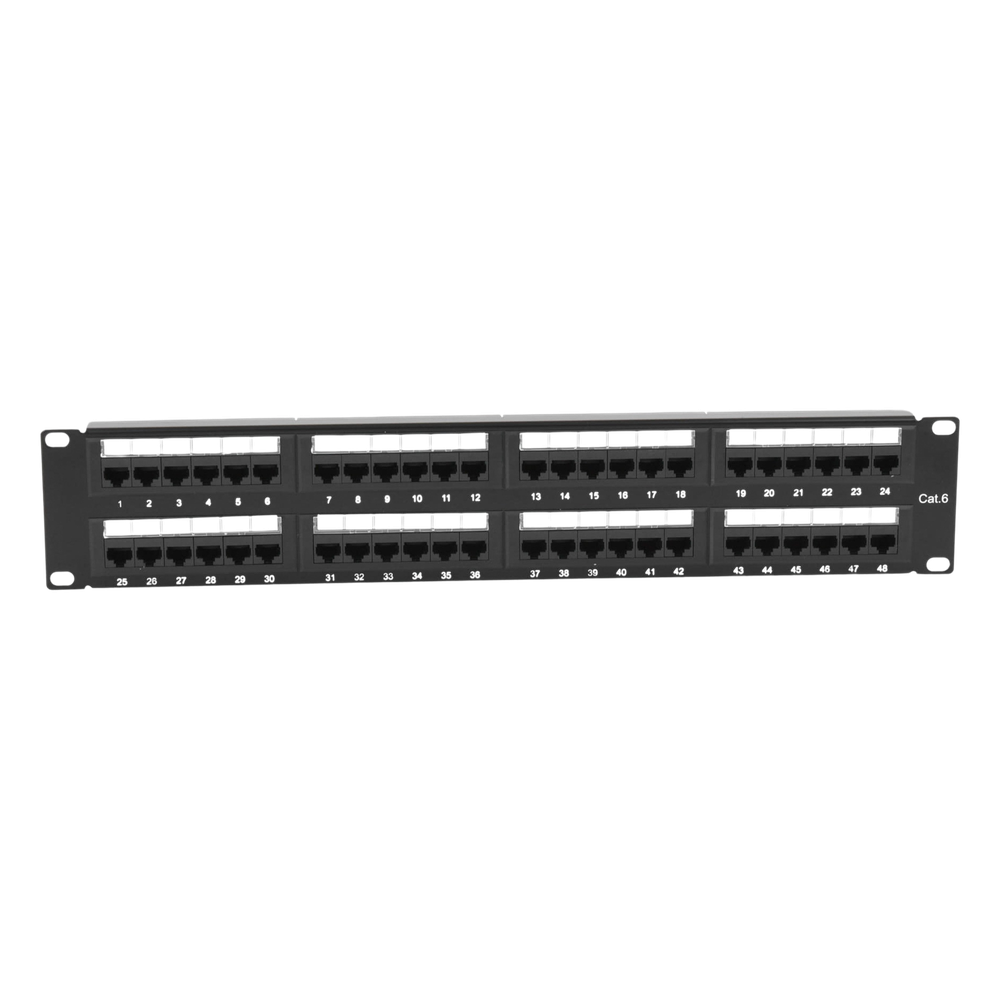 Panel de Parcheo de Impacto (110) UTP de 48 Puertos Cat6, 19 Pulgadas (48.26 cm), 2U, con Barra para Organizar Cable