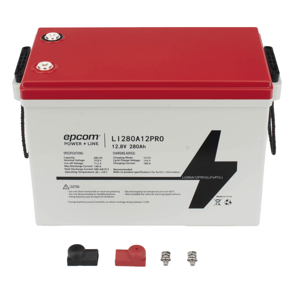 Batería de Litio Ciclo Profundo / 12.8 Vcc 280Ah (3.58 kWh) / LiFePO4 / 6000 Ciclos / Descarga 140A / Carga Rápida 100A / Solar y Marina / BMS con Corte a 11.2V