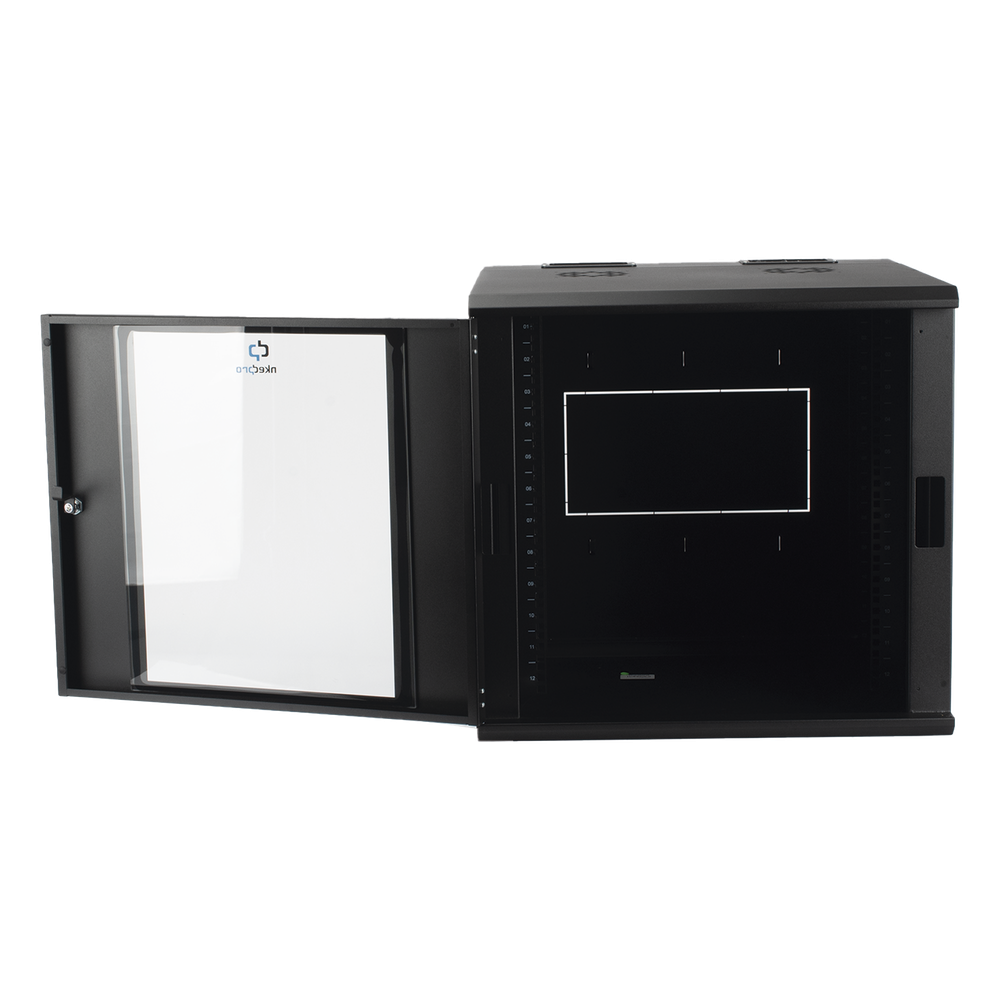 Gabinete Abatible de Pared (Con Marco Trasero) con Rack 19" de 12 Unidades. Ventana de Cristal Templado.