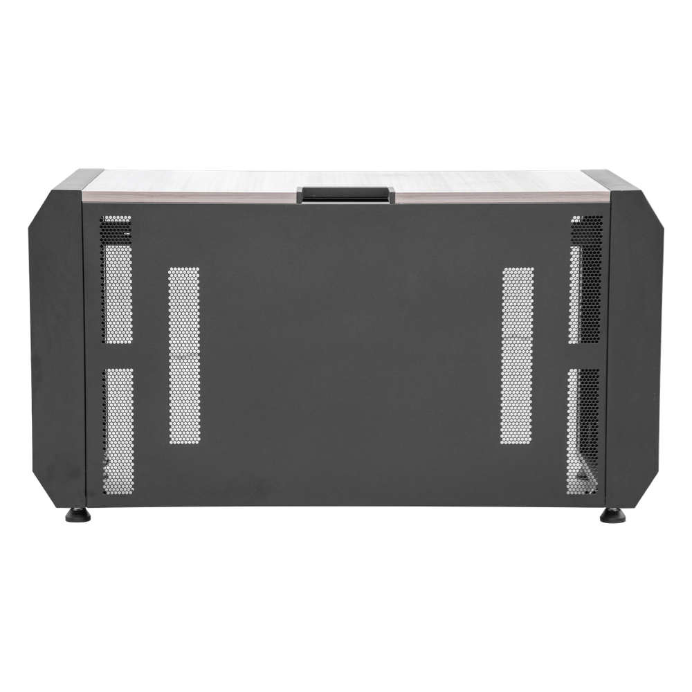Consola Profesional para Monitoreo o Computo | Ranura para Base de Monitores | Microperforaciones | Luces LED Decorativas | Tomacorriente HTCM1U10C | Tapas Organizadoras de Cables | Niveladores | Rack para Montaje de Equipos | Ranura Pasaca