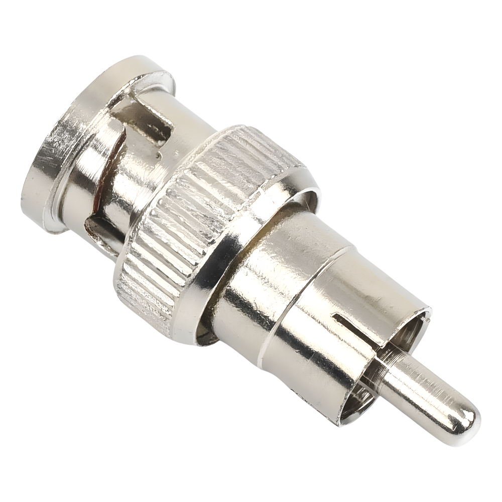 Adaptador en Línea para 75 Ohm, de Conector BNC Macho a RCA Macho en Aplicaciones de Audio-Video para Cámaras, Monitores y DVR's.