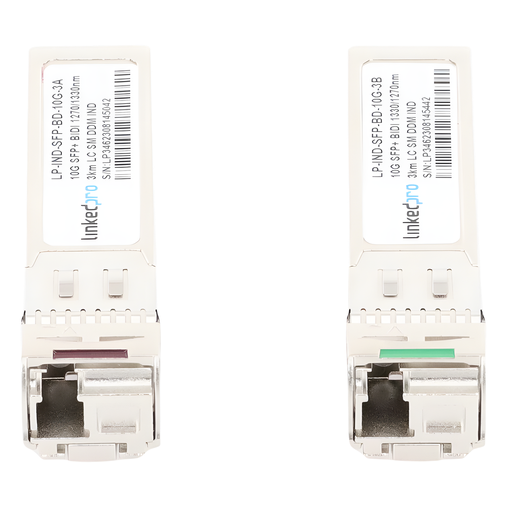 Transceptores Ópticos Industriales Bidireccionales SFP+ (Mini-Gbic) / Monomodo 1270 & 1330 nm / 10 Gbps / 10GBASE / Conector LC/UPC Simplex / DDM / Hasta 3 km / 2 Piezas