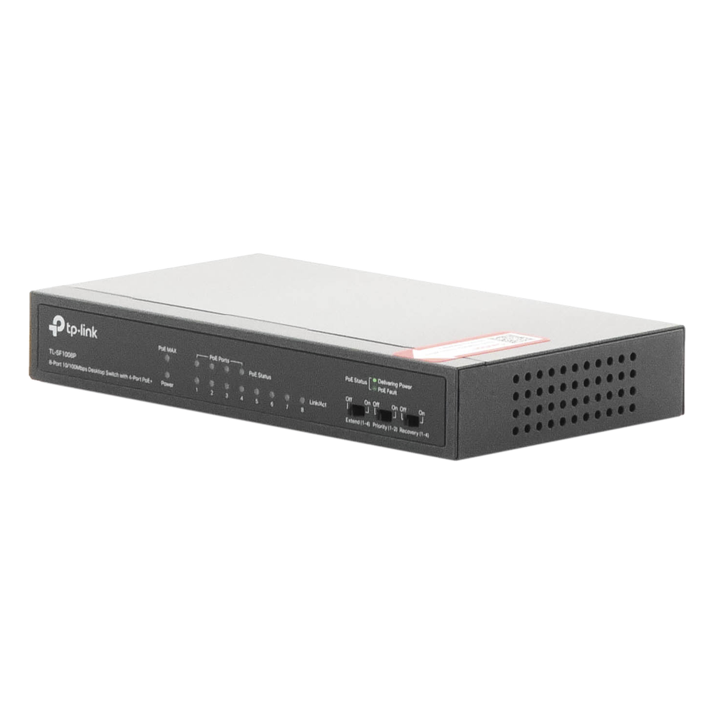 Switch PoE+ No Administrable / De Escritorio 8 puertos 10/100 Mbps / 4 puertos PoE af/at Inteligente / Presupuesto 66 W / Hasta 250 metros