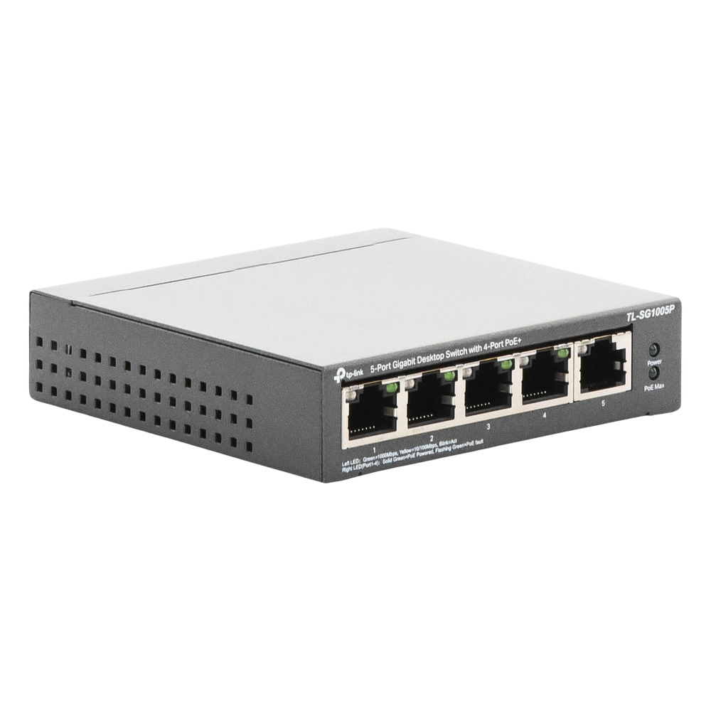 Switch Escritorio No Administrable de 5 puertos 10/100/1000 Mbps / Con 4 puertos PoE 802.3af/at de hasta 65 W / PoE Extendido hasta 250 metros