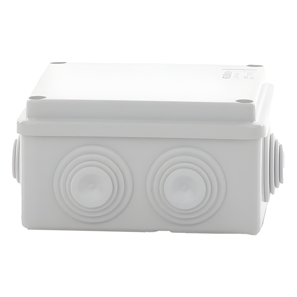 Caja Estanca de PVC Para Derivación y Conexión, 6 Entradas, Tapa Atornillada,100x100x50 mm (Área Interna), Uso Exterior IP55, Material que no Propaga el Fuego y Libre de Hálogenos