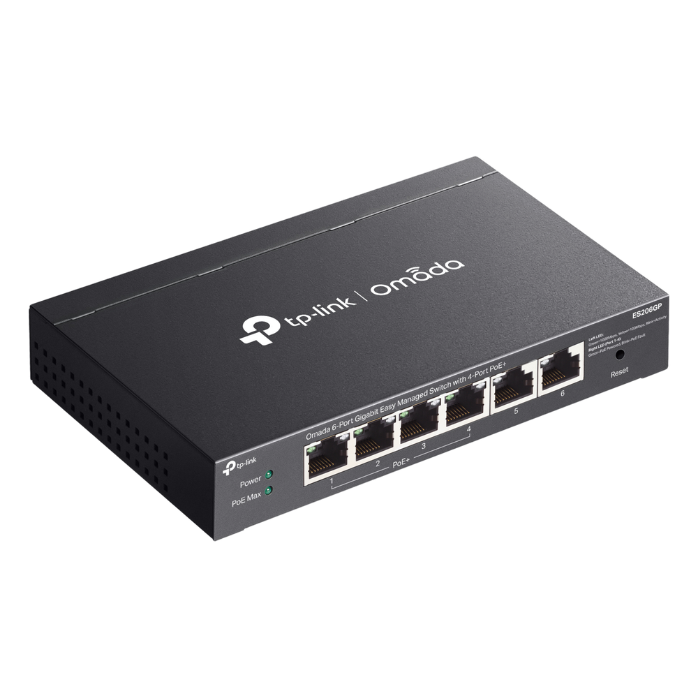 Switch Omada 6 Puertos Gigabit / 4 Puertos PoE+ 65W / Gestión Cloud SDN / Sin Ventiladores / QoS / VLAN / IGMP Snooping / 250 m PoE