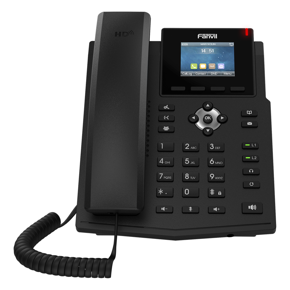 Teléfono IP empresarial para 4 líneas SIP con pantalla LCD de 2.4 pulgadas a color, Opus y conferencia de 6 participantes, PoE.