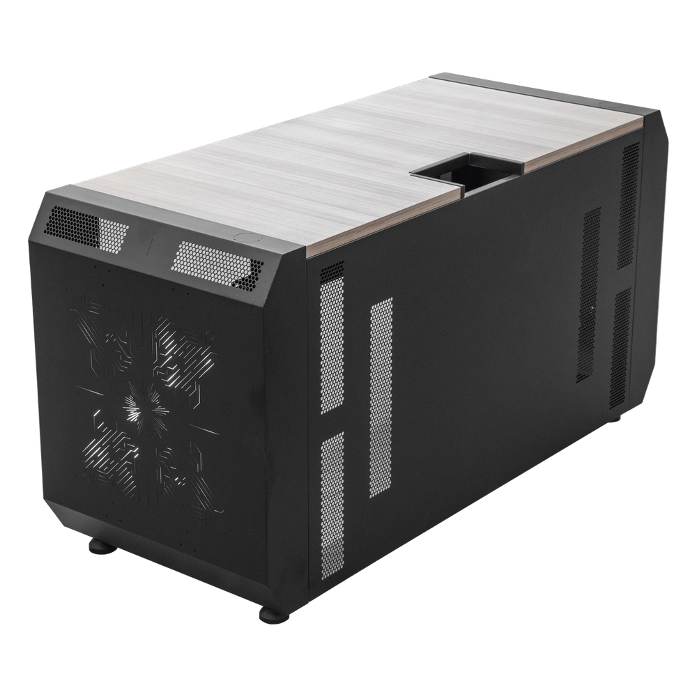 Consola Profesional para Monitoreo o Computo | Ranura para Base de Monitores | Microperforaciones | Luces LED Decorativas | Tomacorriente HTCM1U10C | Tapas Organizadoras de Cables | Niveladores | Rack para Montaje de Equipos | Ranura Pasaca