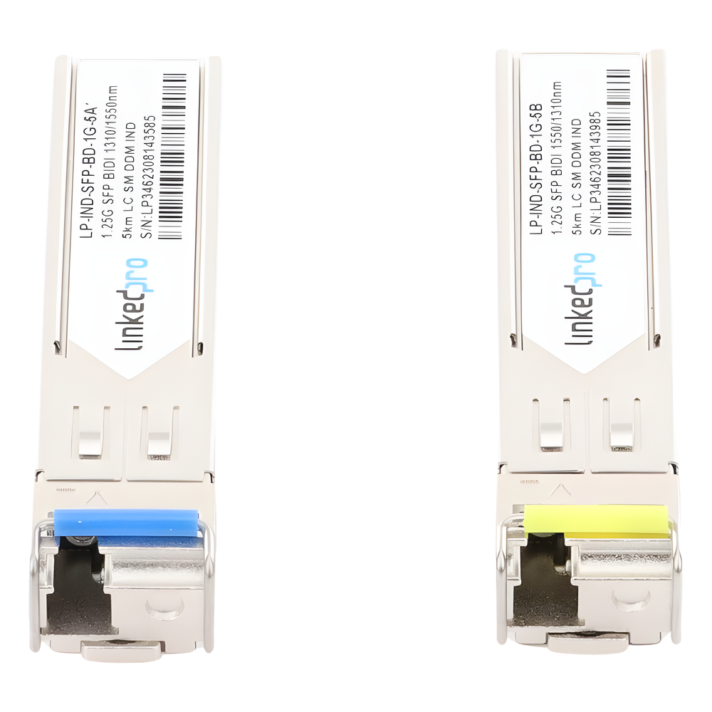 Transceptores Ópticos Industriales Bidireccionales SFP (Mini-Gbic) / Monomodo 1310 & 1550 nm / 1.25 Gbps / 1000BASE-BX / Conector LC/UPC Simplex / DDM / Hasta 5 km / 2 Piezas