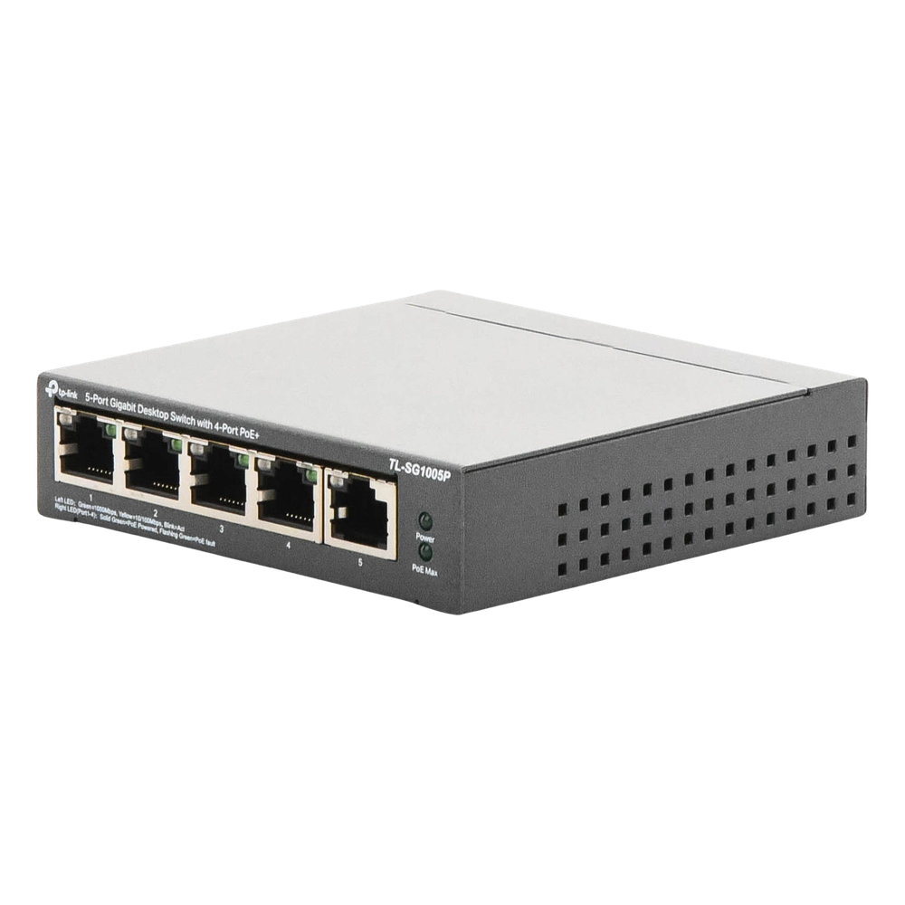 Switch Escritorio No Administrable de 5 puertos 10/100/1000 Mbps / Con 4 puertos PoE 802.3af/at de hasta 65 W / PoE Extendido hasta 250 metros