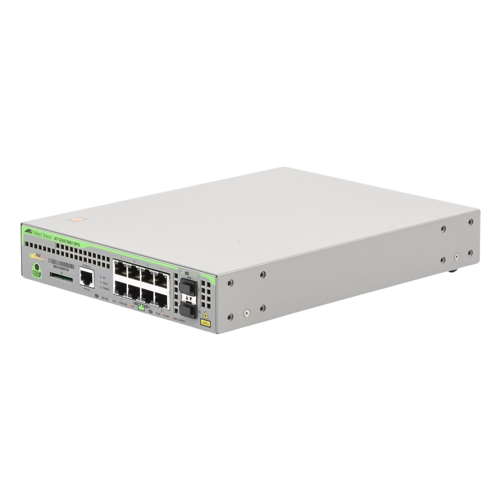 Switch PoE+ Administrable CentreCOM GS970M, Capa 3 de 8 Puertos 10/100/1000 Mbps + 2 SFP Gigabit, 124 W