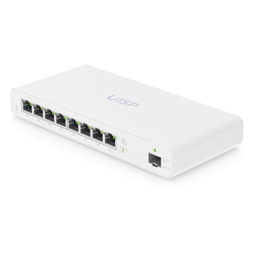 UISP Switch – Switch PoE Pasivo de 110 W (27 V) con 8 Puertos GbE y 1 Puerto SFP