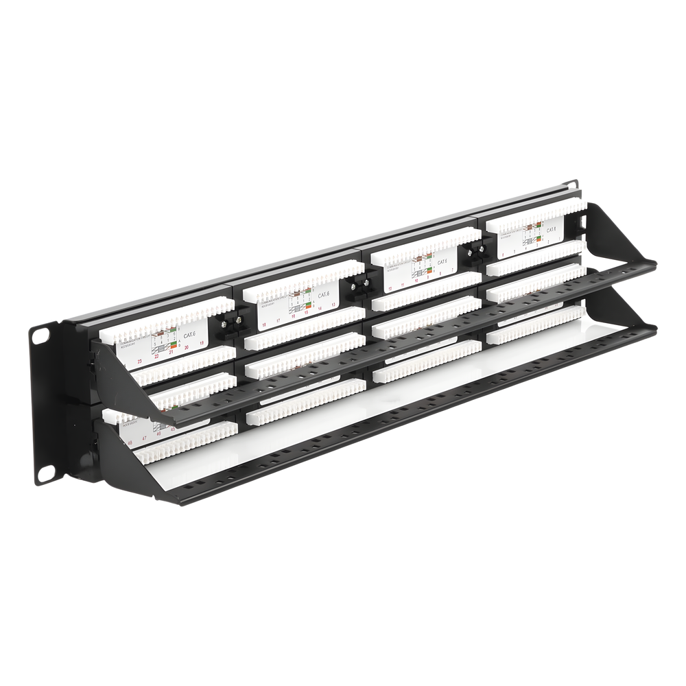 Panel de Parcheo de Impacto (110) UTP de 48 Puertos Cat6, 19 Pulgadas (48.26 cm), 2U, con Barra para Organizar Cable