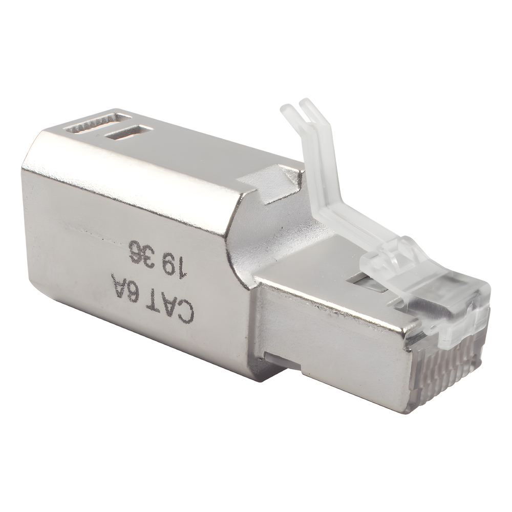 Plug RJ45 Cat6A Blindado, Terminación en Campo, Compatible con Todas las Categorías, con Clip Protector de Seguro
