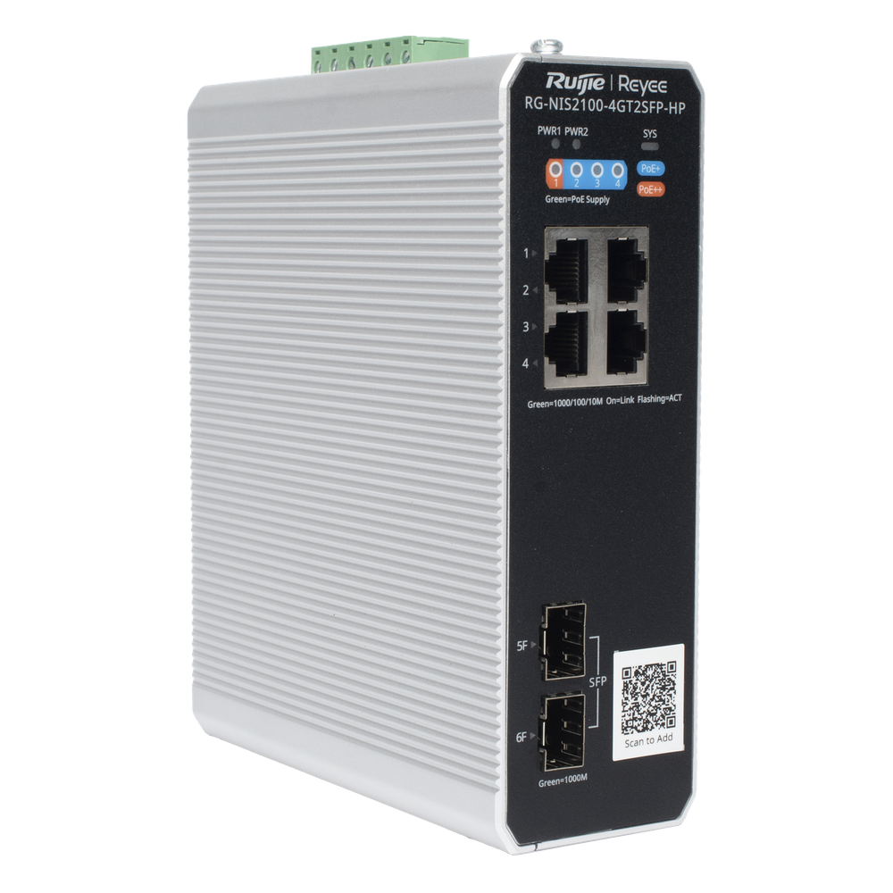 Switch Industrial PoE+ hasta 180 watts , Ideal para temperaturas Extremas y protección contra descargas, 1 puerto PoE++ 60W y 3 puertos PoE+ 30W, 2 SFP Uplink