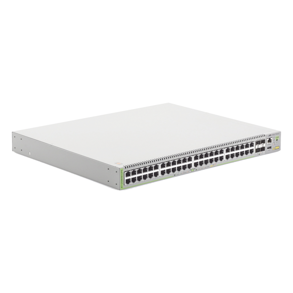 Switch PoE+ Administrable CentreCOM GS980M, Capa 3 de 48 puertos 10/100/1000Mbps + 4 SFP Gigabit, 740 W