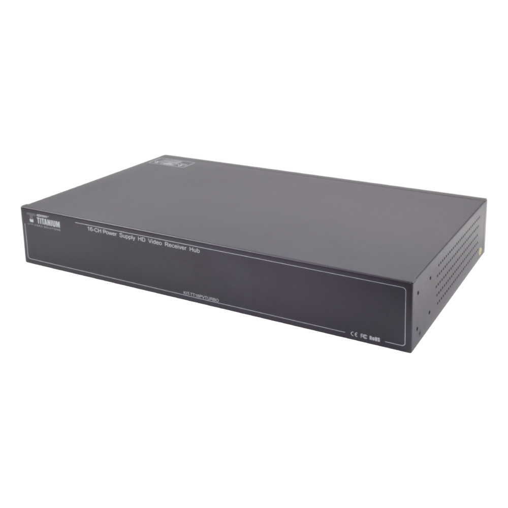 Kit de TRANSCEPTOR ACTIVO DE 16 Canales / VIDEO+PODER en un solo Cable UTP / 150m en 4K, 200m en 5 MP/ Envía 36 Vcc y recibe 12 Vcc / TODO INCLUIDO PARA RACK / Compatible con cámaras HD-TVI/CVI/AHD/CVBS / Instalación Limpia