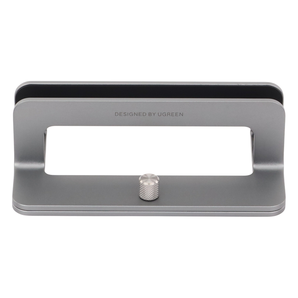 Soporte Vertical para Laptop / Adecuado para escritorio / Anchura Ajustable (12-26mm) / Amplia compatibilidad / Anti-Arañazos / Anti-Deslizante /Ajustable Mediante Tornillos / Color Plata / Aluminio + Silicona
