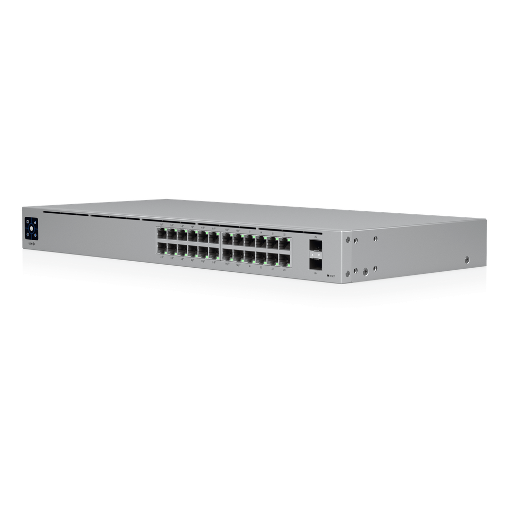 Switch UniFi Capa 2 / 24 Puertos Gigabit / 16 Puertos PoE+ 802.3af/at / 95W Total / 2 Puertos SFP 1G / Pantalla LCM / Sin Ventilador