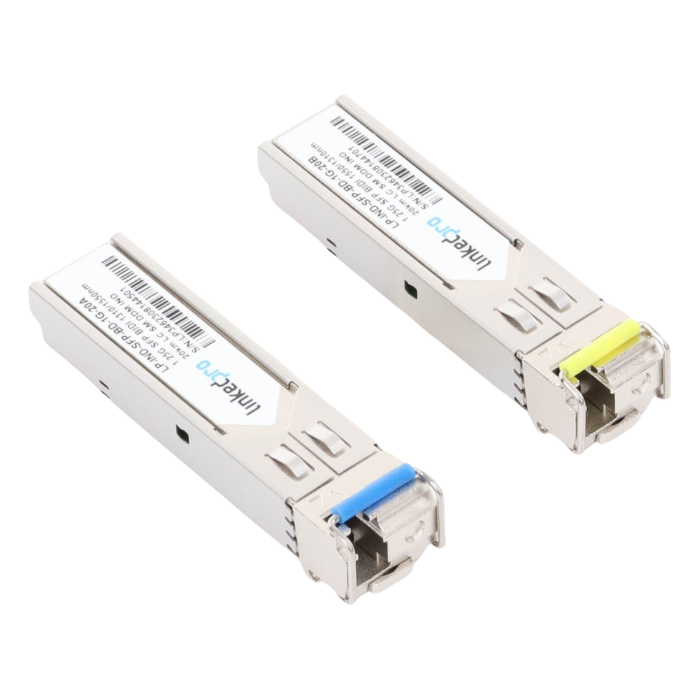 Transceptores Ópticos Industriales Bidireccionales SFP (Mini-Gbic) / Monomodo 1310 & 1550 nm / 1.25 Gbps / 1000BASE-BX / Conector LC/UPC Simplex / DDM / Hasta 20 km / 2 Piezas