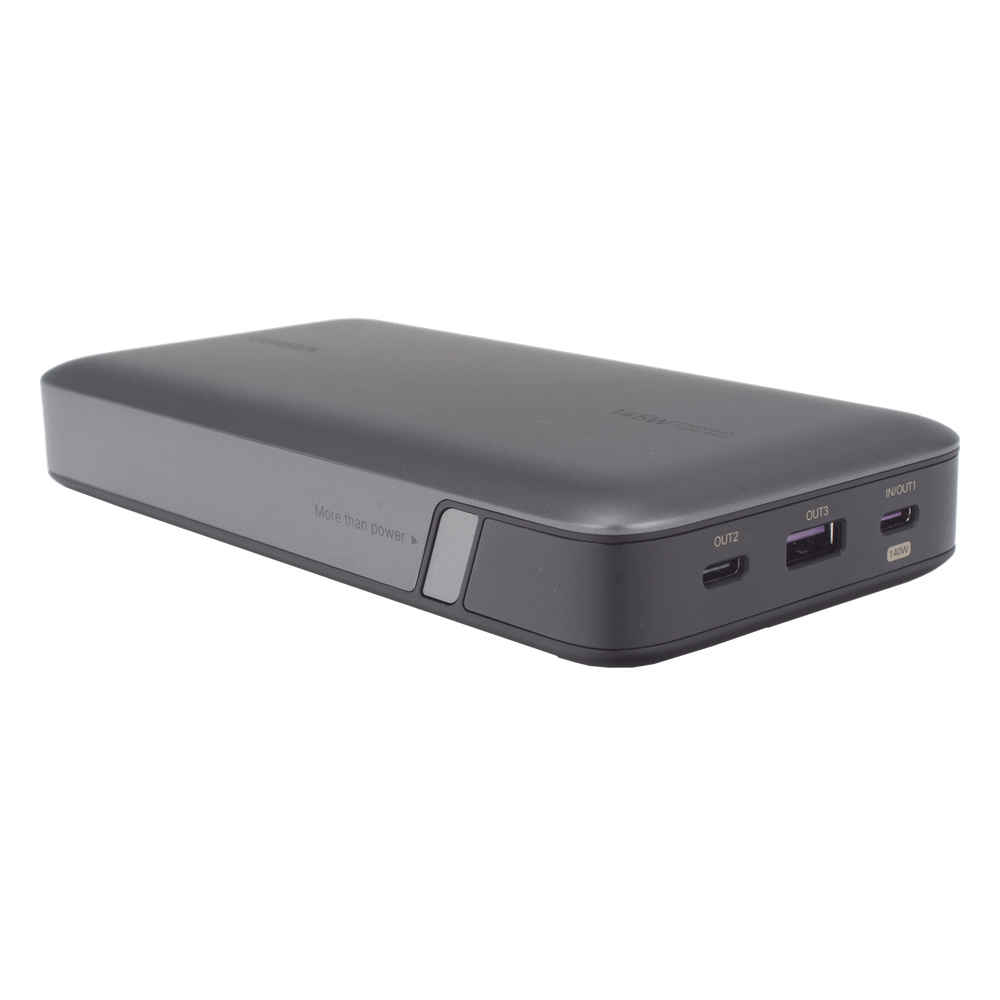 Power Bank de 25000mAh | 3 Salidas 145W Max. | USB-A + 2 USB-C | PD 3.0, QC3.0 | FCP | SCP | Pantalla Inteligente | Carcasa Ignifuga | Color Gris | Incluye Cable USB de 50cm | Carga tu Laptop de Manera Segura.