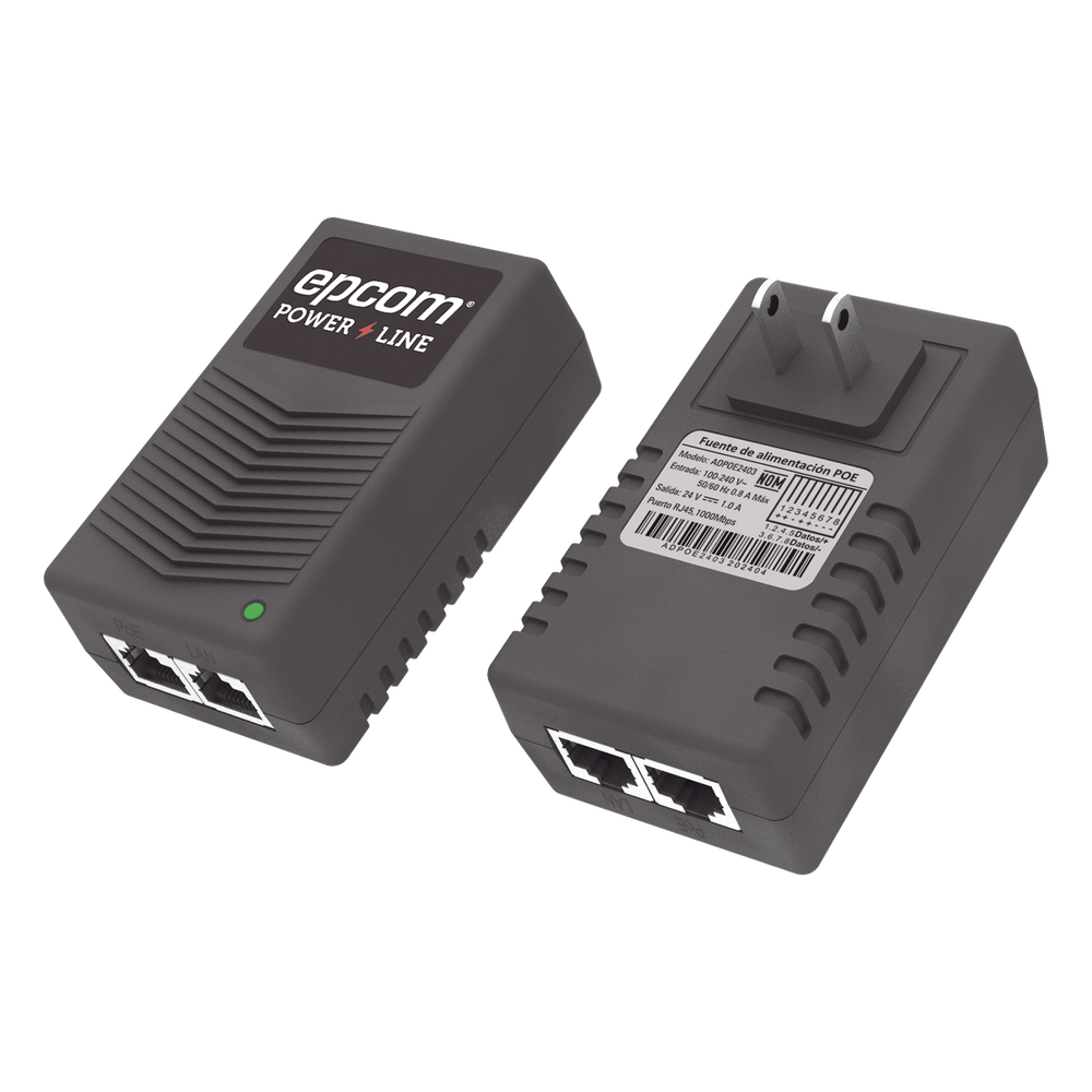 Adaptador de pared / Inyector PoE / 24 Vcc / 1 A / Controlado por chip IC / Protección contra OV, OC, SC, UV/  Fácil de instalar