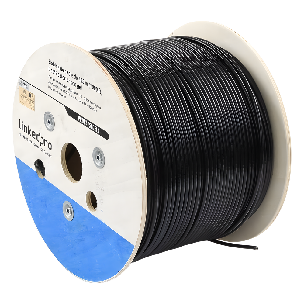 Bobina de Cable de 305 Metros (1000 Pies), Cat5E, con Gel, para Intemperie, Doble Forro Extrema Humedad, Bajo Tierra, UL, Color Negro para Aplicaciones en Video Vigilancia, y Redes de Alta Velocidad.