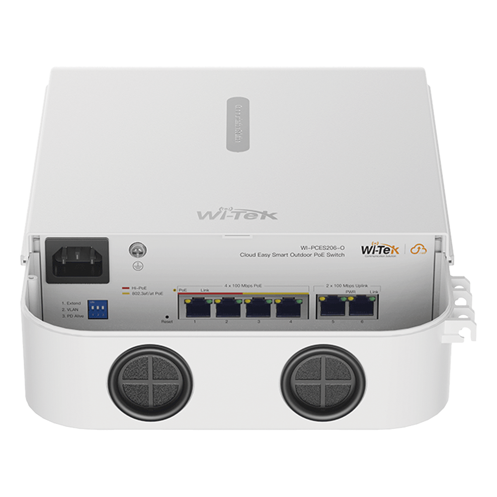 Switch PoE para exterior / Administración en la nube / Con 4 puertos 10/100 Mbsp PoE af/at / 2 Puertos Uplink 10/100 MBPS /  Presupuesto 60 W / PoE hasta 250 metros / Soporta protocolo ONVIF
